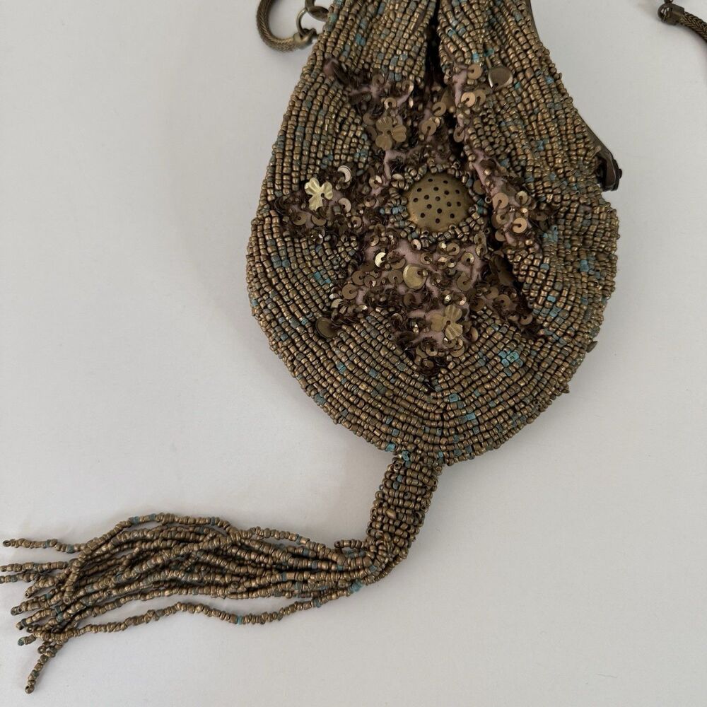 Antique 1920s Glass Beaded Victorian Flapper Purse Ornate Metal Frame W/ Mirror - Picture 3 of 12